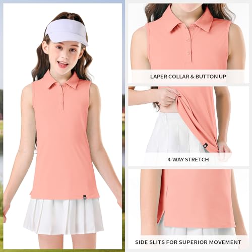 Image of Soneven Girls Sleeveless Polo Shirts Button UP Golf Tennis T-Shirts with Collared Quick Dry Tank Tops for 4-14 Years