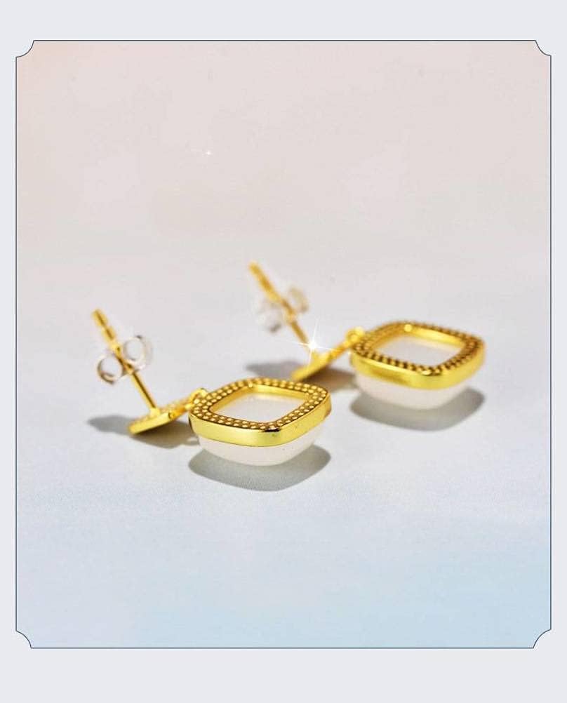 Ears925 Silver Ear Stud Earfemale Simple Temperament Square Natural Nephrite Fashion Student Ear Jewelry/As Shown