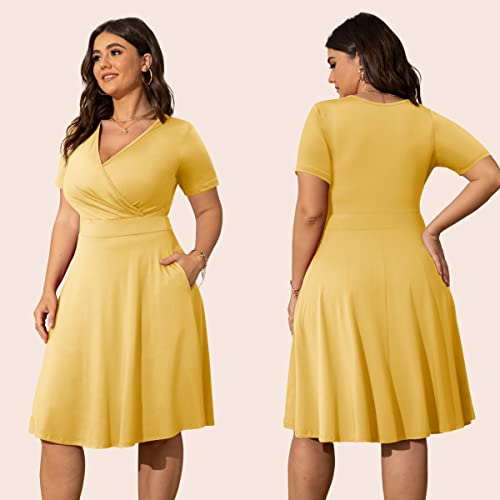 Image of POSESHE Womens Plus Size Dresses Summer Short Sleeve Wrap V-Neck Sundress Casual Wedding Guest Cocktail Dress with Pockets