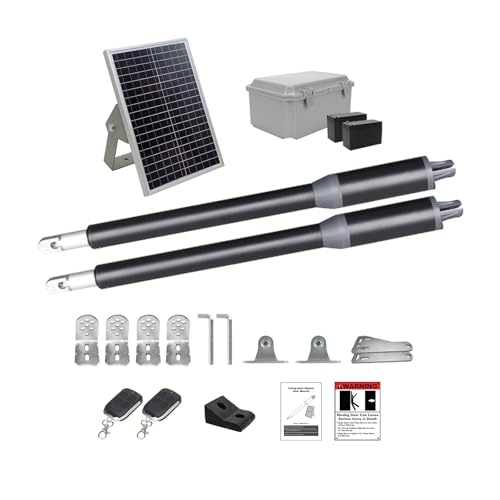 X X-HOUSE C01-L Automatic Gate Opener with Solar Panel & Batteries for Light Duty Dual Swing Gates Up to 330lb 8ft per Arm 12V 40W Electric Gate Opener with 2 Remotes Complete Kit Solar Powered