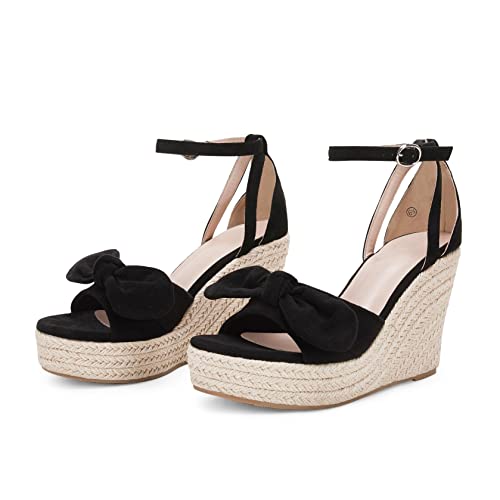 Image of Rilista Womens Wedge Platform Sandals Cute Bowknot Open Toe Espadrille High Heels Buckle Ankle Strap Summer Shoes
