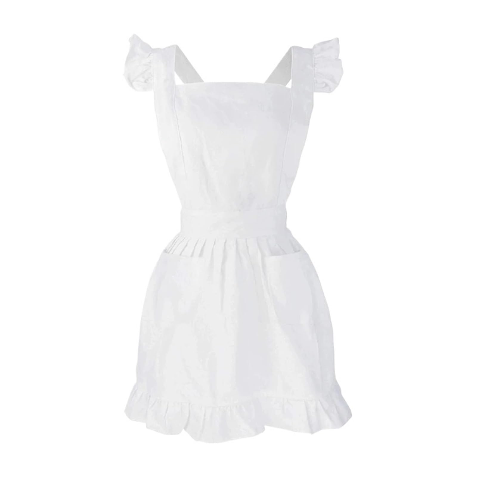 KIFSDLF Womens Girls Ruffles Outline Retro White Apron Adjustable Bib Maid Cosplay Kitchen Cake Baking Cooking Cleaning