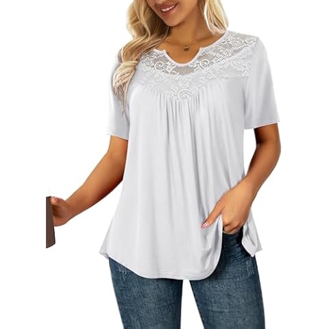 LIENRIDY V-Neck Tunic Tops Short Sleeve Swing Flowy Lace Shirts for Women, White, L Cover