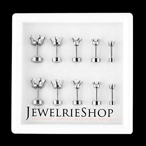 Jewelrieshop Assorted Sizes Shiny Cubic Zirconia Star Front Hypoallergenic Flat Back Screw Stud Earrings #TOP5