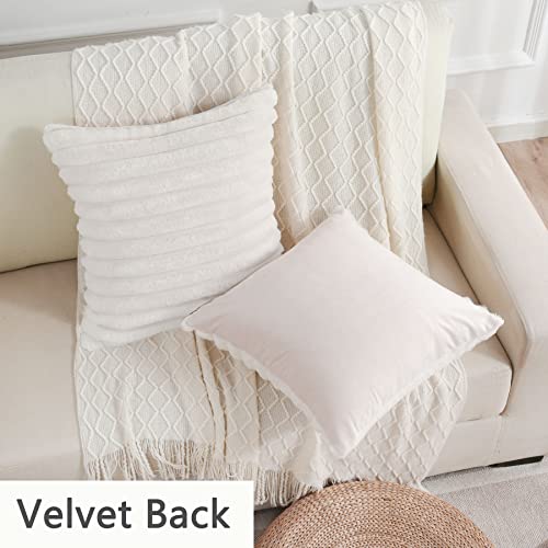 Futei Cream White Striped Throw Pillow Covers 20X20 Inch Set Of 2,Square Cushion Case,Home Decorative Couch Pillow Cover,Soft Cozy Faux Rabbit Fur & Velvet Back,Modern Neutral Decor For Bed,Sofa #TOP1