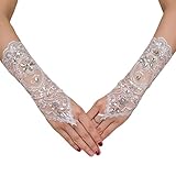Yikisdy Bride Wedding Lace Gloves White Gloves Fingerless Crystal Glove Sequins 1920s Party Bridal Accessories for Women and Girls (A-white)