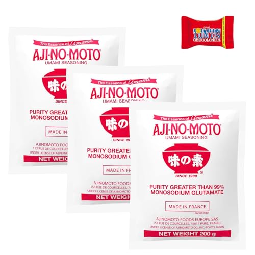 AJINOMOTO Glutamato monossódico, (3 x 200 g), glutamato monossódico (MSG), potenciador de sabor para cozinha asiática e internacional, com barra de chocolate Tony's Chocolonely Trinovi
