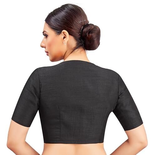 Image of Studio Shringaar Womens Basic Polyester Short Sleeves Textured Plain Coloured Art Silk Saree Blouse