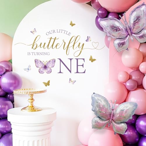 Our Little Butterfly Is Turning One Decal - Our Little Butterfly Is Turning One Sign for Balloons Arch Backdrop, Purple First Birthday Decorations for Girl, 1St Party Supplies for Girl