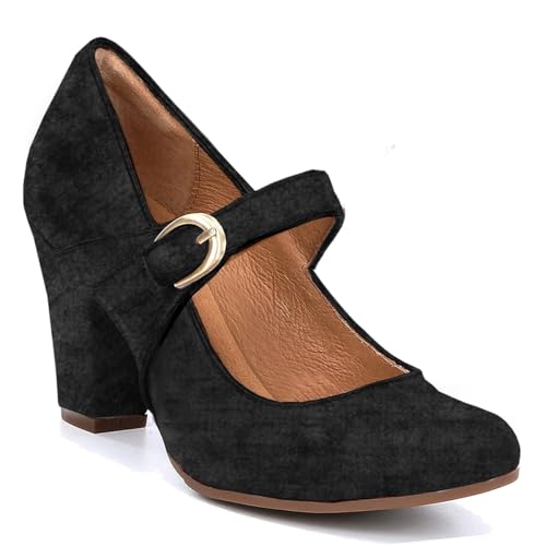 Image of SHODENSE Women Vintage Chunky High Heel Mary Jane Shoes Round Closed Toe Ankle Strap Dress Sandals 3 inch Block Heels Mary Jane Lolita Pumps Two-Toned Patchwork Buckle Office Lady Wedding Retro 4-11 M US