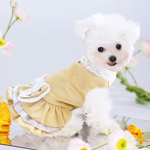 Albrost Dog Dress Harness Vest With Matching Leash, Golden Bow-Knot Puppy Dresses D Ring, Cute Leash Set, Princess Multi-Layer Pleated Skirt Pet For Small Cat (Large), Golden,Gold,White #TOP4