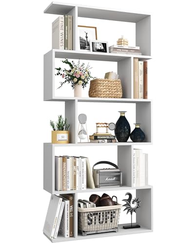 Yusong Bookshelf 5-Tier, Geometric Bookcase S Shaped Book Shelves for