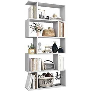 Yusong Bookshelf 5-Tier, Geometric Bookcase S Shaped Book Shelves for Bedroom, Modern Wood Decorative Display Shelf Book Case for Home Office, White