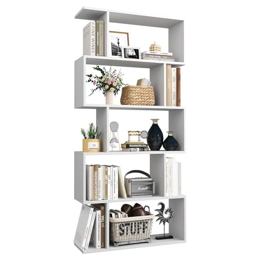 Yusong Bookshelf 5-Tier, Geometric Bookcase S Shaped Book Shelves for Bedroom, Modern Wood Decorative Display Shelf Book Case for Home Office, White
