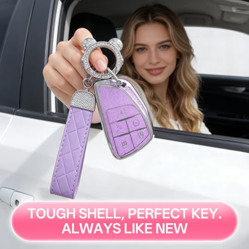 Avalessia for Chevy Key Fob Cover with Keychain,5 Buttons Soft TPU Protector Bling Car Keys Case Shell Compatible with 2021-2024 Chevy Tahoe Suburban GMC Yukon Silverado Buick Smart Key(Silver Purple) — view 6