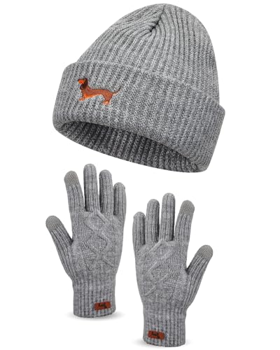 Geyoga Dackel Motiv Geschenke für Frauen Mütze Handschuh Sets Warme Strickmütze Winter Beanie Mütze Strickhandschuhe Fleecehandschuhe Geschenk für Hundebesitzer(Grau,Dackel)