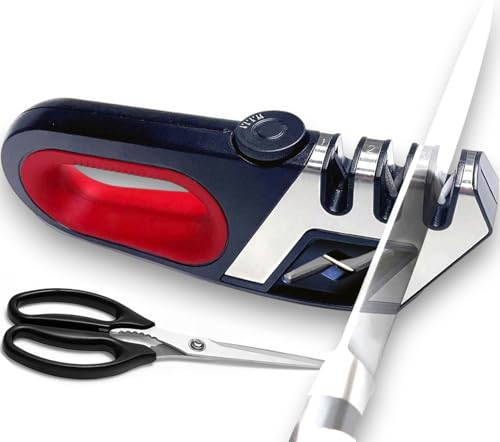 Knife and Scissor Sharpener tool - for Kitchen Knives - Adjustable Custom Sharpening System for All Blades, Ergonomic Handle, Non-Slip Base - Afilador De Cuchillos - Hand held Tool Kit