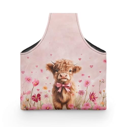 Image of KUIFORTI Highland Cow Yarn Bag Pink Flower Portable Crochet Bag Organizer Portable for Crocheting Knitting Accessories Home Valentines Day Women Gifts