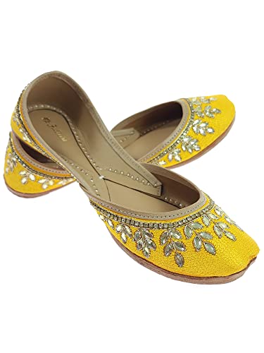 Image of Fulkari Women's Dolli Gold Genuine Soft Leather Embroidered Jutis | Bite and Pinch Free Jutti | Punjabi Formal Juttis | Girl's Wedding Flat Ladies Mojari | Formal Ethnic Juti |
