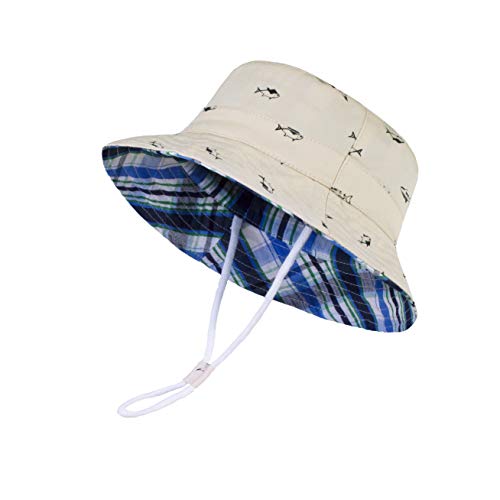 Image of LANGZHEN Sun Protection Hat for Kids Toddler Boys Girls Wide Brim Summer Play Hat Cotton Baby Bucket Hat with Chin Strap