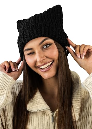 Knitted Cat Ear Beanie – Cute Kawaii Winter Accessory – Black Crochet Animal Ears – Y2K Anime Kitty Cap – Warm Knit Hats for Women