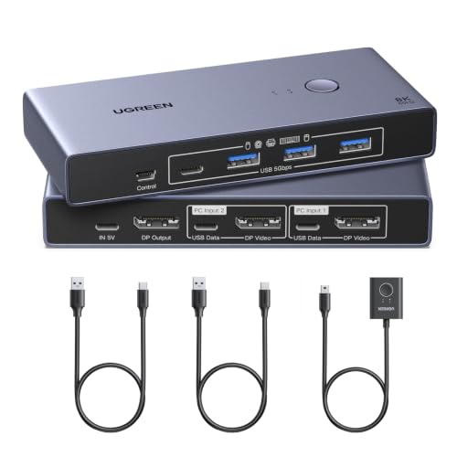 UGREEN 8K@60Hz Displayport KVM Switch 1 Monitors 2 Computers with 4 USB 3.0 Ports Aluminum Support 4K@240Hz Share One Monitor Keyboard Mouse U-Disk Printer with 2 USB Cables