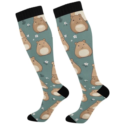 Image of Pigsaly Womens Compression Socks Yellow Stars Funny Brown Capybara Knee High Socks Athletic Tube Sock Outdoor Sport Socks