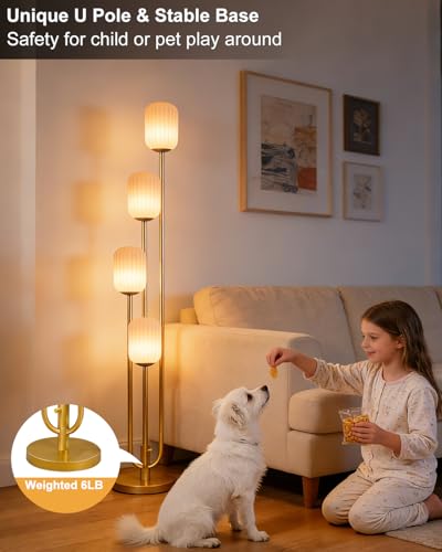 Image of Lightdot Gold Floor Lamp 4-Lights Dimmable Floor Lamps with Cylinder Shade 3000K Bulbs Included Unique Modern Standing Tall Lamp with 5Lbs Heavy Base for Living Room /Bedroom /Sofa Beside /Corner Decor