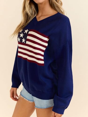 Image of Dressmine Womens American Flag Knit Sweater Crew Neck Long Sleeve Pullover | Casual Loose Graphic Outfits, Fall Sweatshirts, Trendy Clothes, Cute Patriotic Shirt, 2026 Cozy Elasticity Winter Tops