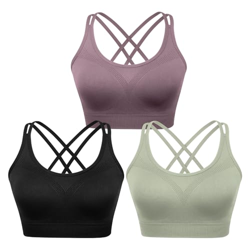 Image of WOYYHO Cross Back Sports Bra for Women Padded Medium Support Workout Bra | 3 Pack, Strappy, Removable Pads, Soft, Spaghetti Strap, Moisture-Wicking, Seamless, for Athletic Yoga Gym Fitness Daily