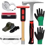Mardatt 6Pcs Geology Rock Pick Hammer Kit, 32 oz. Rock Hammer & 12" Mason Chisel, Safety Glasses, Whistle, Jewelers Loupe 10X and Gloves, Rock Hounding Tools for Rock Hounding, Stone Breaking