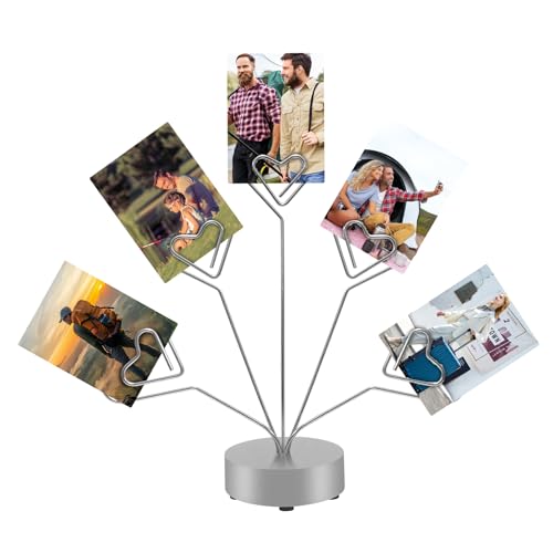 FaitAtten Desktop Heart-Shaped Photo Tree Style Holders Round Base,5-Branch Family Picture Frame Clips Holder Desk Card Display Stand for Christmas,Wedding, Birthday Party,Gift Silver