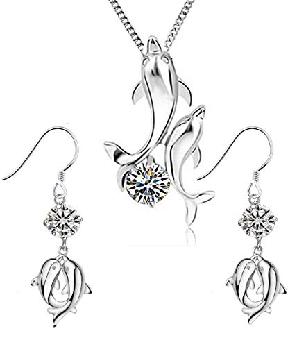 Preisvergleich Produktbild findout Damen Sterling Silber Amethyst / weiß Doppeldelphinliebhaber Set Ohrringe und Anhänger Halskette (Weiß)