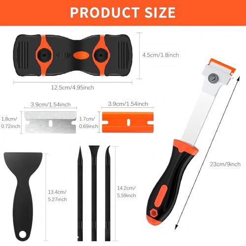 Image of DEKEones Razor Blade Scraper Tool Set, 9 Pack Razor Scraper with 30 Plastic & 30 Metal Blades, Non Scratch Plastic Scrapers Tool for Stickers Label Grout Removal