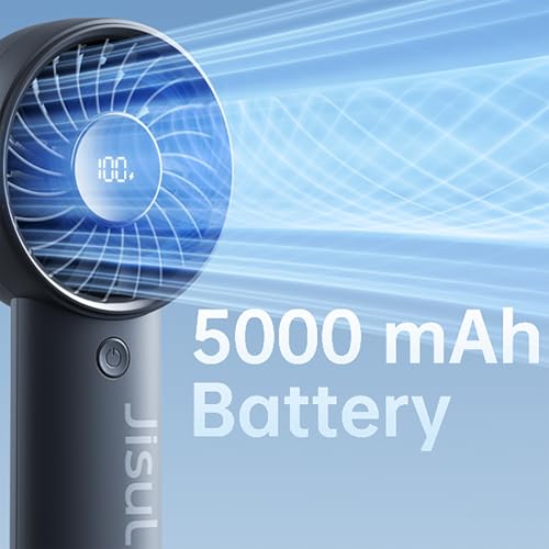 Image of JISULIFE Handheld Fan Life4 with Powerful Motor,LED Display,5000mAh Battery,5 Wind Speeds,Lanyard; USB Rechargeable Hand held Fan; Summer Essentials Portable Fan for Travel,Beach,Makeup,Concerts-Black