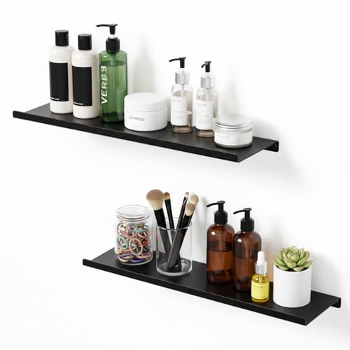 SRIWATANA Black Metal Wall Shelves, 2 Set Floating Shelves for Bedroom, Living Room, Bathroom, Kitchen - Matte Black