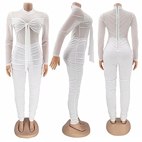 Women's Sexy One Piece Bodycon Jumpsuit Long Sleeve Mesh Sheer Tie Patchwork Zipper High Waist Ruched Bodycon Long Pants Romper Clubwear White Small #TOP4