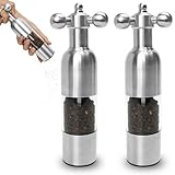 2PCS Manual Salt and Pepper Grinder Set, Solid Handle, Modern Vintage Stainless Steel Juego de Molinillo Dorado Antique Faucet Shakers Refillable Adjustable Coarseness Mill for BBQ Restaurant-Silver