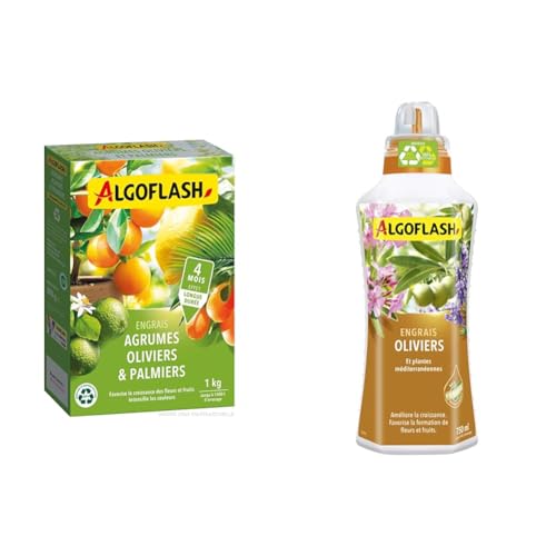 ALGOFLASH Engrais Agrumes, Olivers, Palmiers, Longue Durée, 1 kg, MED1R & Algoflash Engrais Oliviers et Plantes Méditerranéennes, Bouchon Doseur Inclus, 750 ml, ALIMED750N
