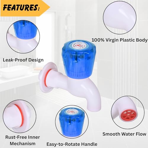 Image of 6PCS Plastic Bib Cock Water Tap Set | Crystal Blue Handle | Unbreakable 15mm Wall Mounted PVC Water Taps for Bathroom, Garden, RO, Utility | Leakproof Household Faucet Combo
