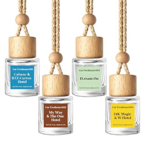 Image of HoogaLife Car Air Freshener Diffuser 4 Pack Hanging Car Freshener for Women - 24.K Magic & W. Hotel & Cabane & Rltz. CarIton Hotel & Droam 0n & Westln Hotels & M.y Way & The 0ne Hotel Fragrance Oil
