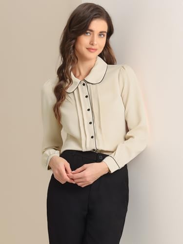Allegra K Women's Peter Pan Collar Shirt Long Sleeve Elegant Button Down Work Blouse Medium Light Khaki