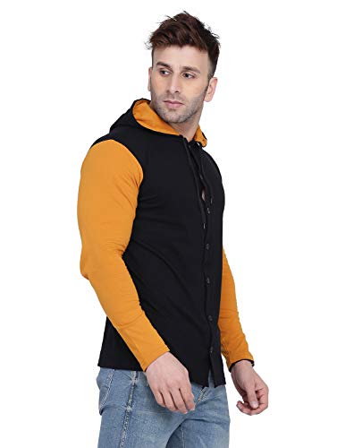 Image of Geum Men's Full Sleeve Hooded T-Shirt with Button-Down Front | Casual Slim Fit Cotton Shirt-Style Tee
