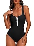 SOCIALA Womens One Piece Swimsuits Zipper Front Bathing Suits Zip Up 1 Piece Swim Suit High Cut Swimwear Padded Moveable Monokini Black M
