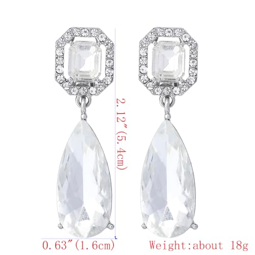 Women's Long Crystal Teardrop Clip On Drop Dangle Earrings(White) — view 4
