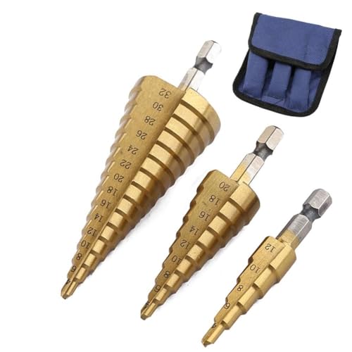 Step Drill Bit Set, 3 Pieces Titanium Coated High Speed Steel Unibit Cone Drill Bit Kit for Plastic, Wood, Metal Sheet, Aluminum Hole Drilling HSS Stepped Driil Bit (Metric 4-12mm/4-20mm/4-32mm)