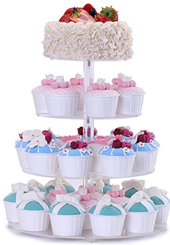 BonNoces 4 Tier Acrylic Glass Round Cupcake Stands Tower - Tiered Cupcake Carrier - Clear Display Holder Tree - Tiered Pastry Stand Dessert Stands Wedding Cake Stands For Wedding Party