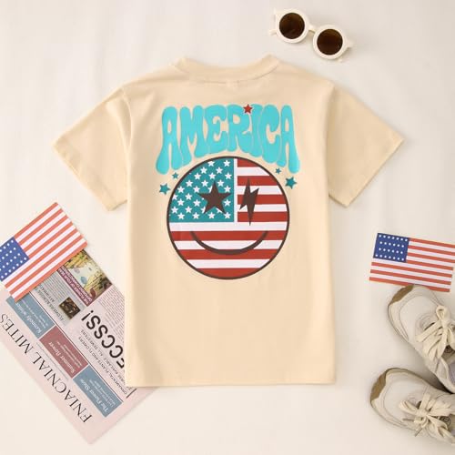 Image of MODNTOGA Boys Girls 4th of July Shirt USA Flag Graphic T-Shirt Big Kids America Print Short Sleeve Patriotic Holiday Tee Tops (Beige, 7-8 Years)