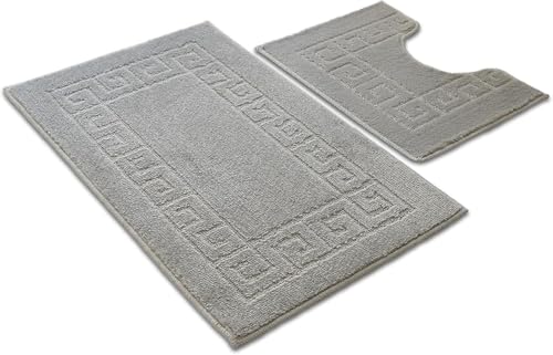 Paradise Products Greek Style Bath Mat Set 2-Piece | Non-Slip Bathroom Mats Shower Mat & Pedestal Mat | Soft Washable Quick-Dry Bath Mats for Bathroom Floor | Anti-Mould Bath Rug Set (Silver)