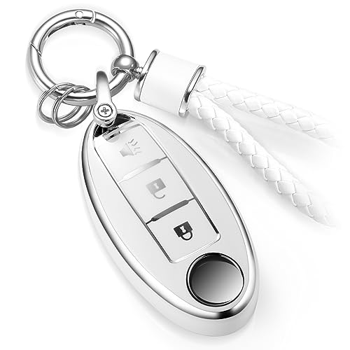 Image of Car Key Fob Cover for Nissan Kicks, White Braided Loop Keychain,